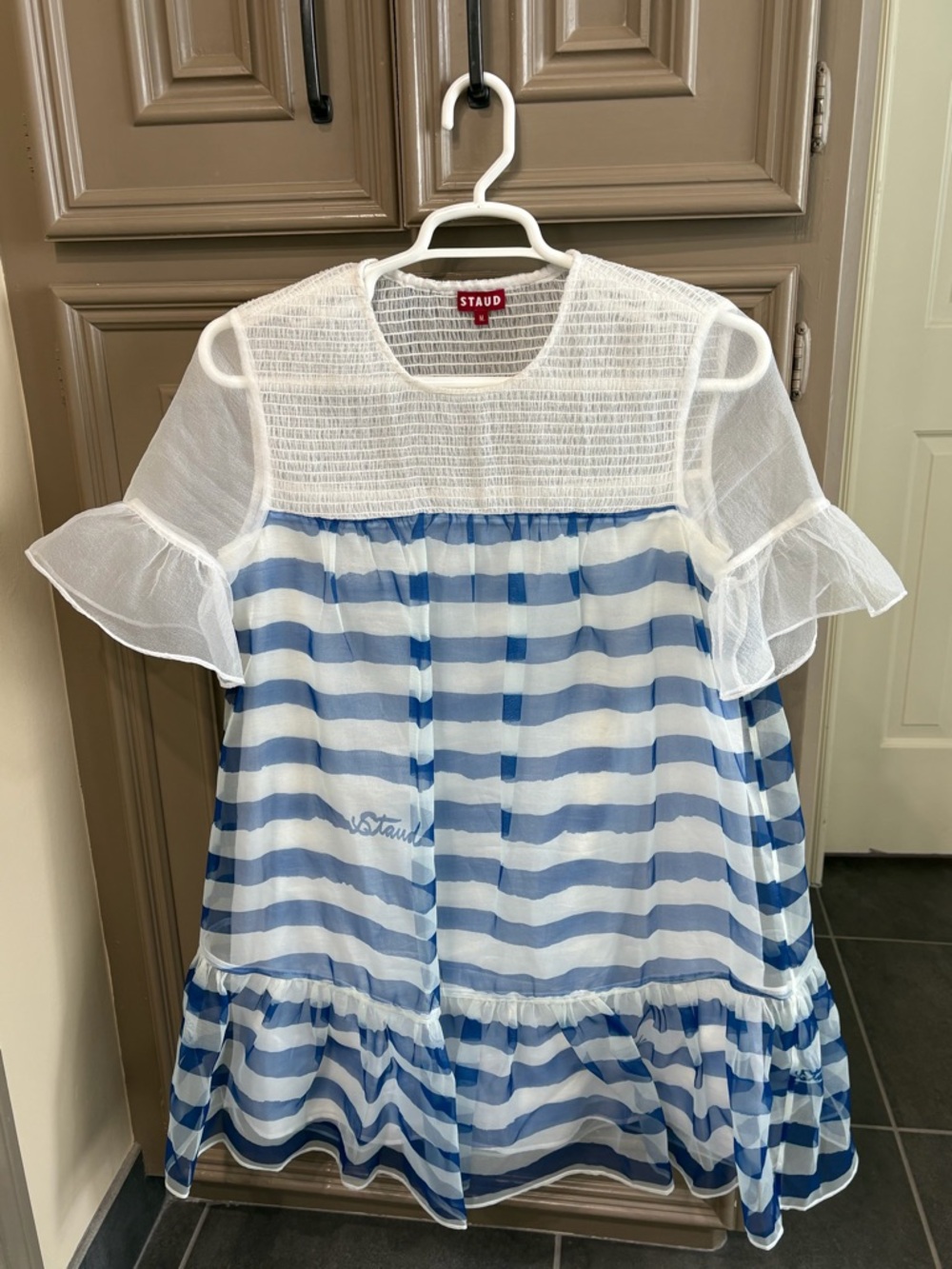 STAUD Sheer White Yoke Blue and White Striped Babydoll Dress